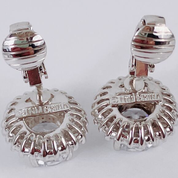 Signed NM Neiman Marcus CZ Halo Clip On Earrings Silver Tone Formal Evening - Picture 11 of 11